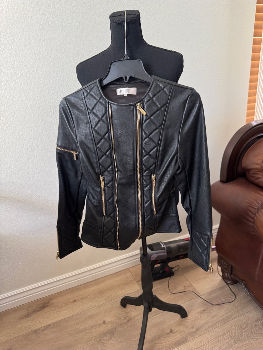 House of CB Black Quilted Faux Leather Moto Jacket with Gold Zippers